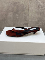 THE ROW 26S SQUARE TOE THONG KITTEN HEEL SANDALS 45MM IN RUST BROWN VELVET