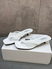 THE ROW 26S SQUARE TOE THONG KITTEN HEEL SANDALS 45MM IN WHITE CROCODILE EMBOSSED CALFSKIN
