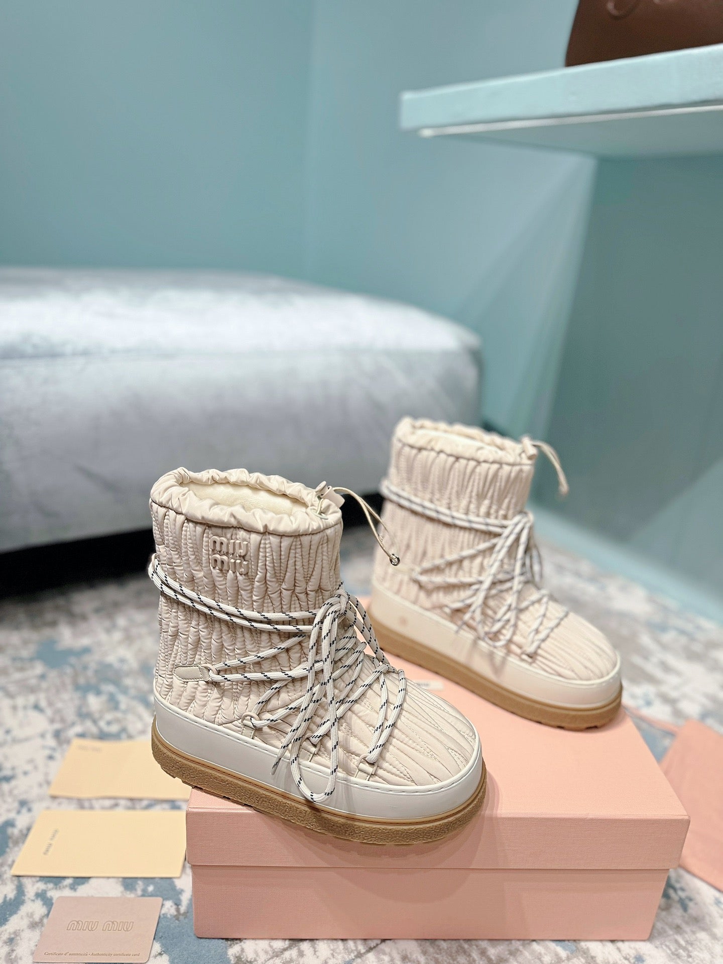 MIUMIU 26S ANKLE SNOW BOOTS IN BEIGE FABRIC
