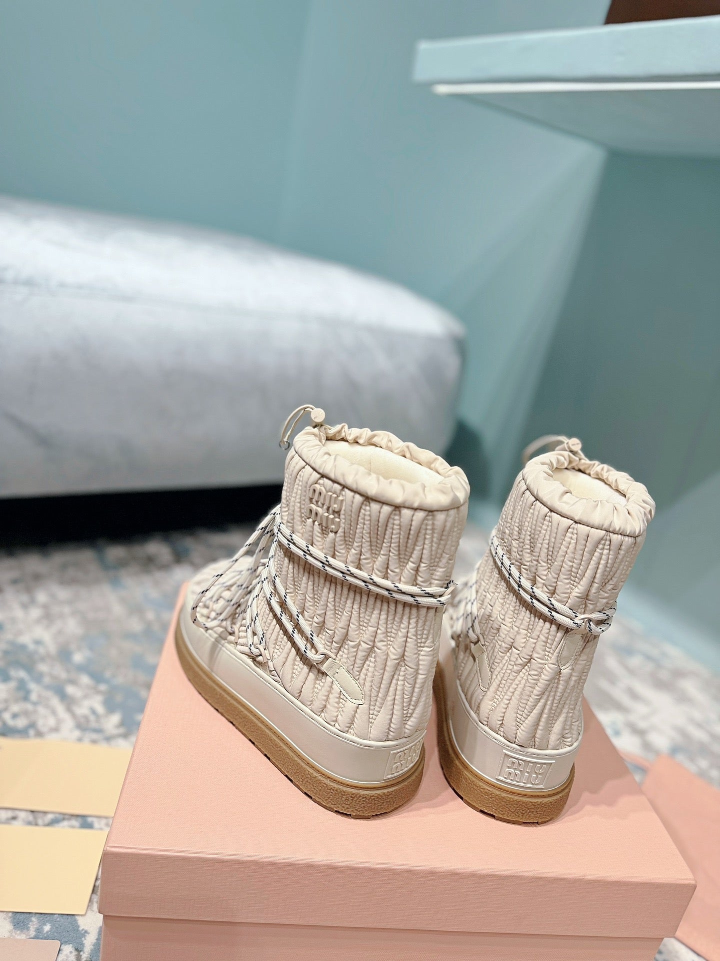 MIUMIU 26S ANKLE SNOW BOOTS IN BEIGE FABRIC