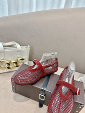 ALAIA 26S MESH FLATS IN DARK RED SUEDE