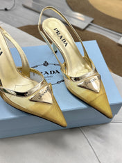 PRADA 25S TRIANGLE LOGO SLINGBACK PUMPS IN GOLD MESH FABRIC