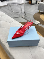 PRADA 25S TRIANGLE LOGO SLINGBACK PUMPS IN RED MESH FABRIC
