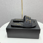 CC SLIDE SANDALS 25S IN BLACK DENIM AND CALFSKIN WITH LOGO