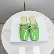 DIOR 26S PEARL-ACCENT BOW FLAT MULES IN FRESH GREEN GLOSSY CALFSKIN