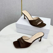 DIOR 26S HIGH-HEELED MULES IN DARK BROWN SATIN GOLD HARDWARE