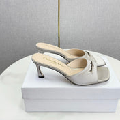 DIOR 26S HIGH-HEELED MULES IN LIGHT GRAY SATIN GOLD HARDWARE