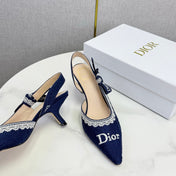 DIOR 26S SLINGBACK PUMPS IN NAVY BLUE FABRIC EMBOSSED LOGO