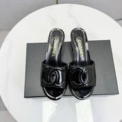 CHANEL 26S BLOCK HEEL SANDALS 40 MM IN BLACK PATENT CALFSKIN
