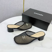 CHANEL 26S MESH HIGH HEEL MULES IN BLACK LAMBSKIN