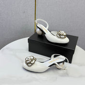 CHANEL 26S CAMELLIA PEARL SLINGBACKS IN WHITE CALFSKIN