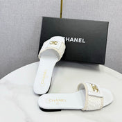 CHANEL 26S WOVEN STRAP SLIDES IN WHITE LAMBSKIN