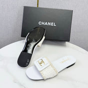 CHANEL 26S WOVEN STRAP SLIDES IN WHITE LAMBSKIN