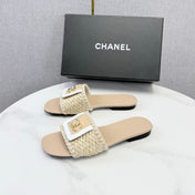 CHANEL 26S WOVEN STRAP SLIDES IN BEIGE LAMBSKIN