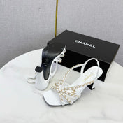 CHANEL 26S CHAIN STRAP HIGH HEELS 65 MM IN WHITE LAMBSKIN
