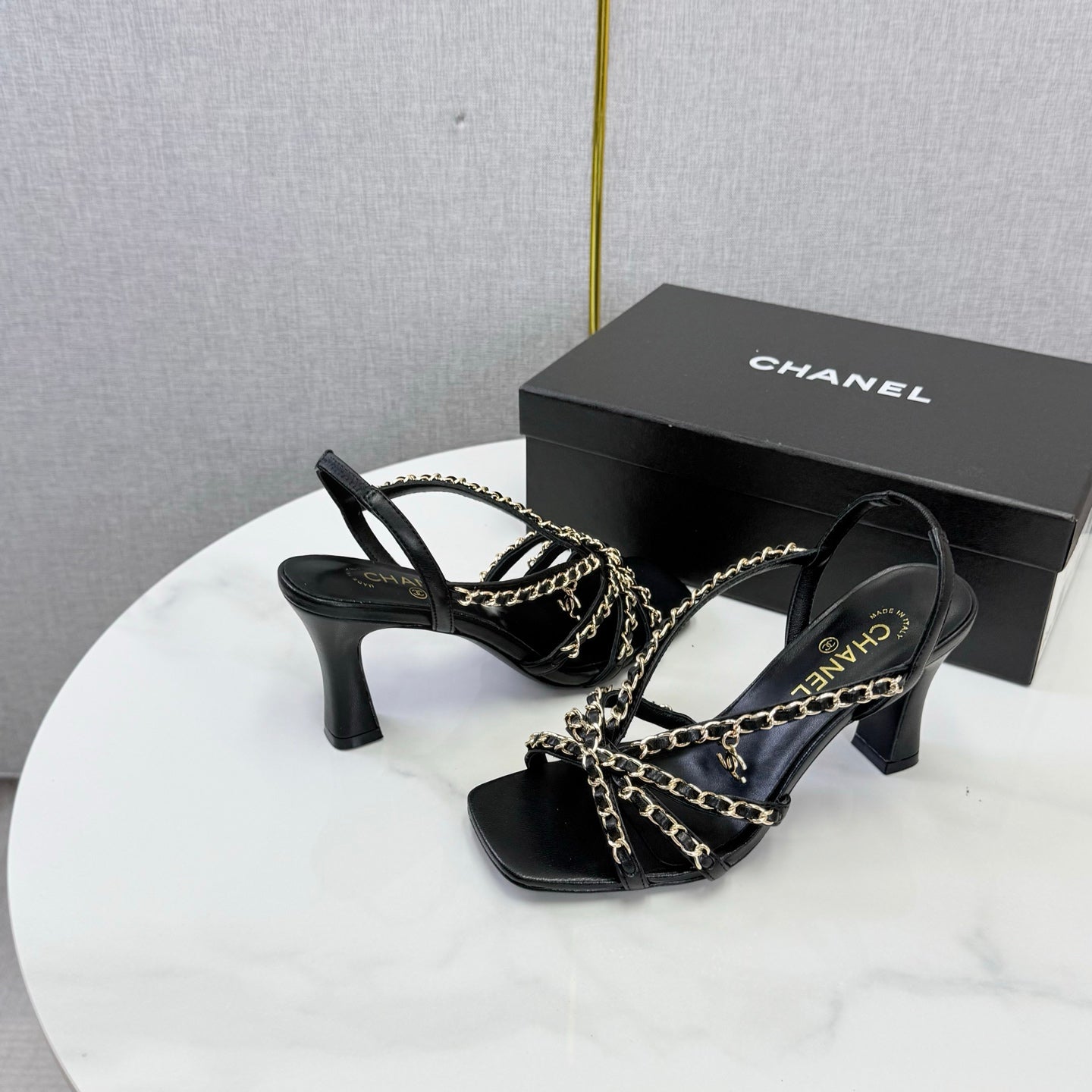 CHANEL 26S CHAIN STRAP HIGH HEELS 65 MM IN BLACK LAMBSKIN