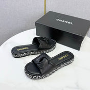 CHANEL 26S PLATFORM SLIDES IN BLACK LAMBSKIN WITH CC LOGO