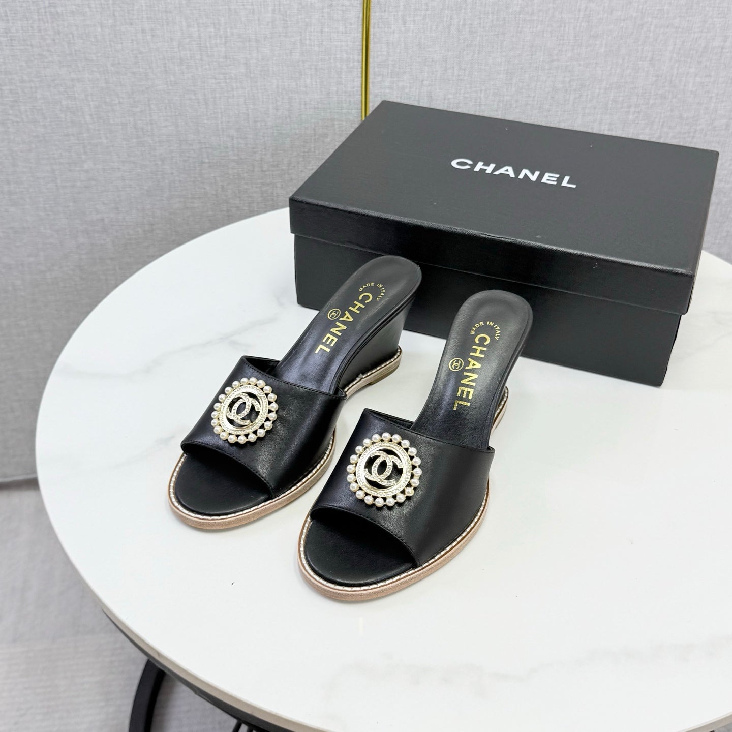 CHANEL 26S WEDGE HEELS IN BLACK LAMBSKIN WITH CC PEARL EMBELLISHED