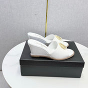 CHANEL 26S WEDGE HEELS IN WHITE LAMBSKIN WITH CC PEARL EMBELLISHED