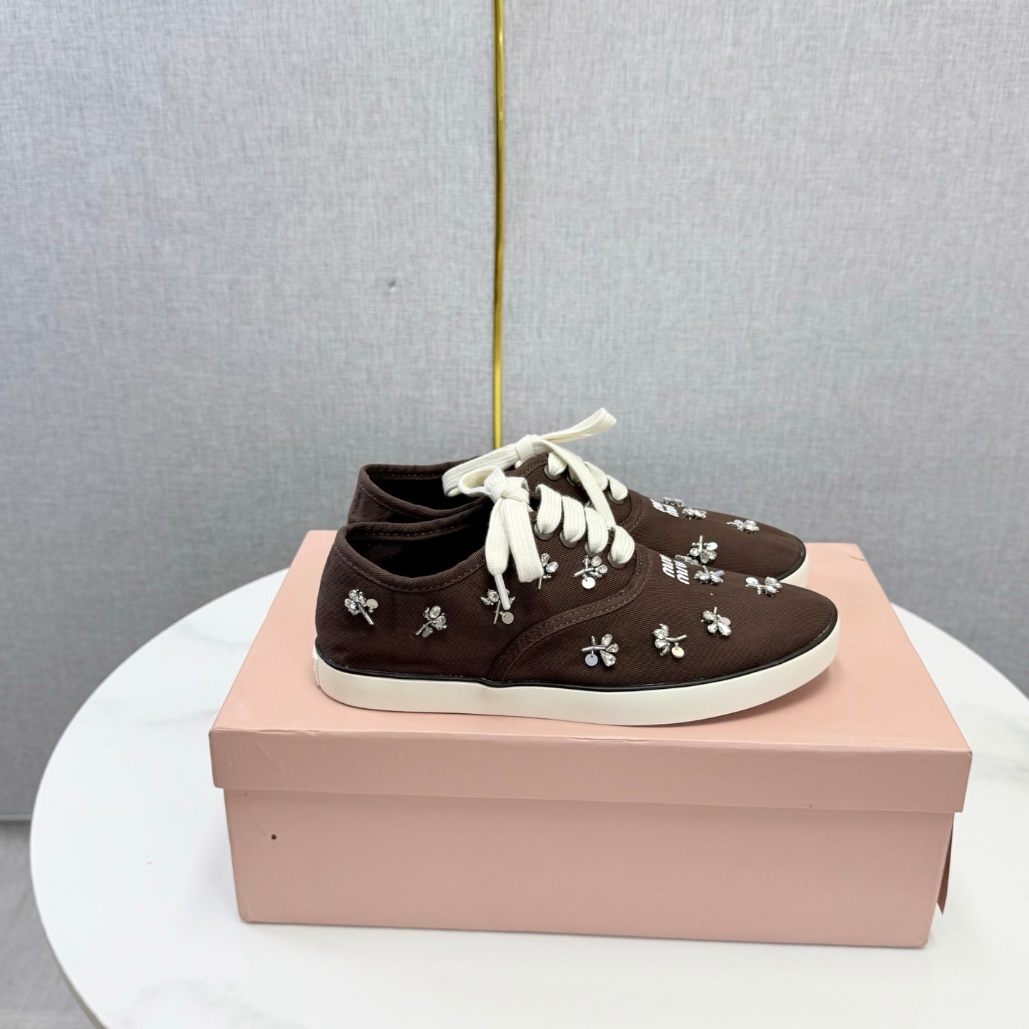 MIUMIU 26S EMBELLISHED SNEAKERS IN DRAK BROWN FABRIC