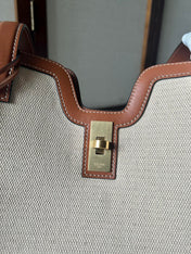 CABAS 37 IN WHITE CANVAS AND BRONZE BROWN CALFSKIN TRIM GOLD LOCK