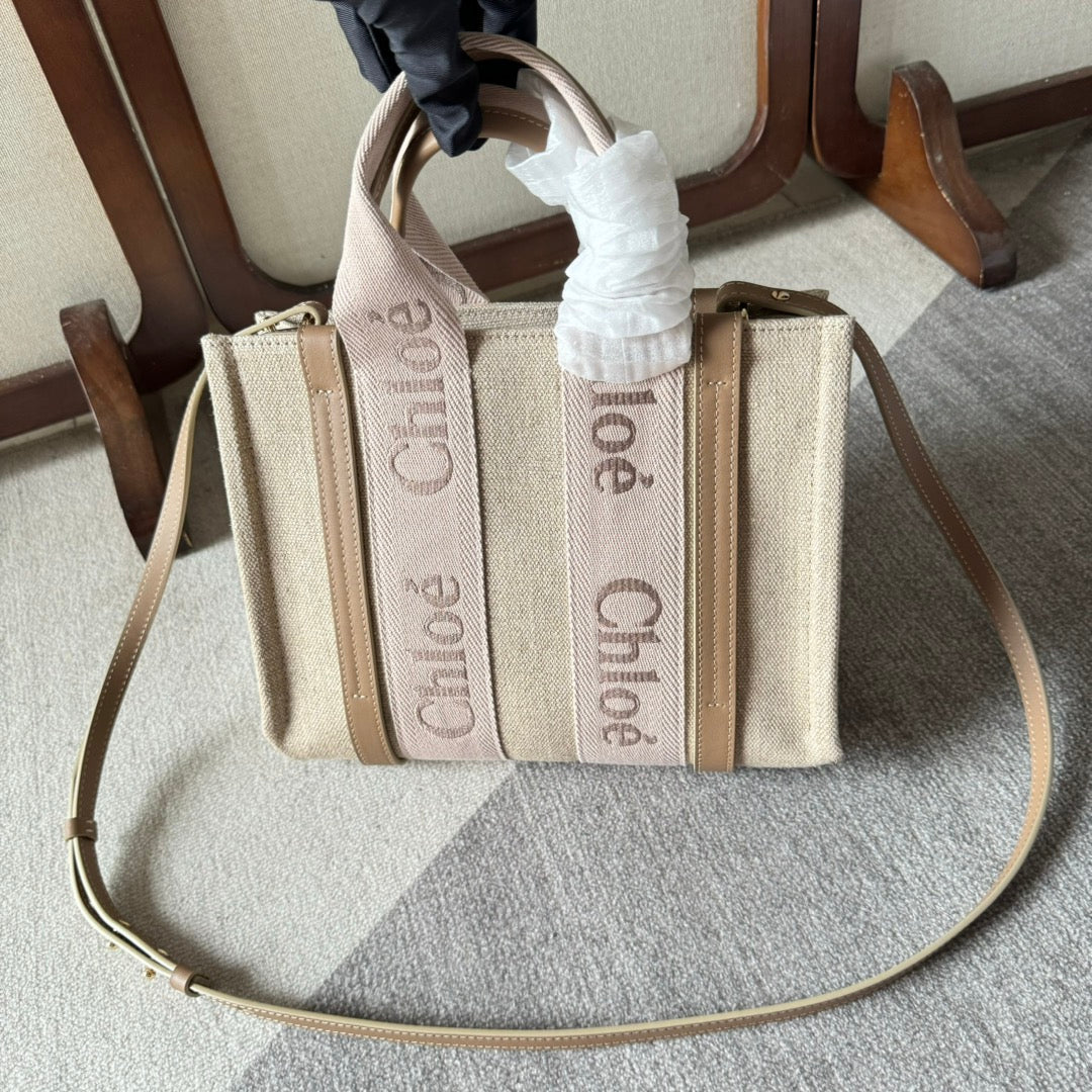 SMALL WOODY TOTE BAG 26.5 IN BEIGE LINEN CANVAS LIGHT PINK WEBBING LOGO EMBROIDERY