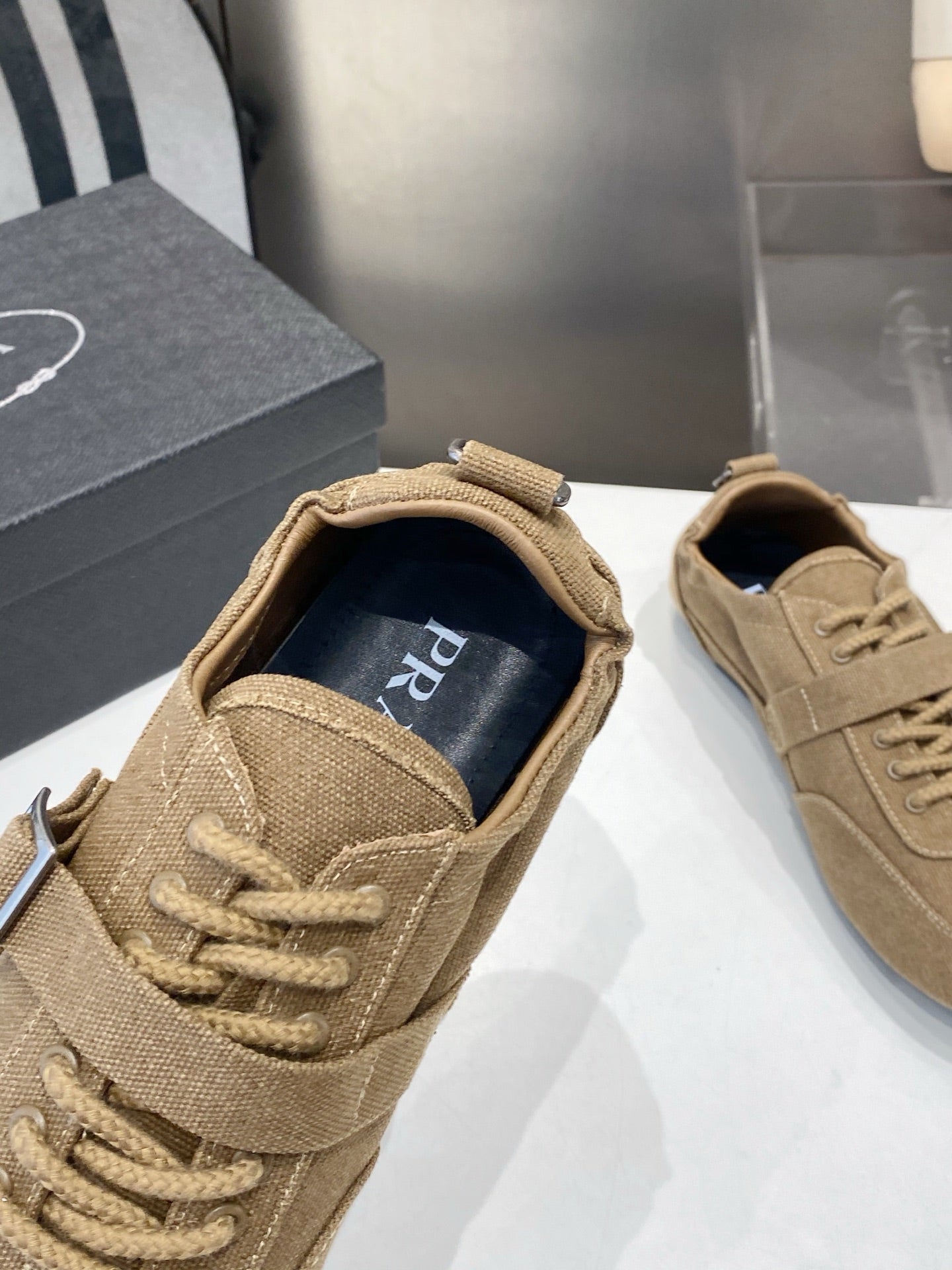 PRADA 26S SNEAKERS IN BROWN FABRIC SILVER HARDWARE