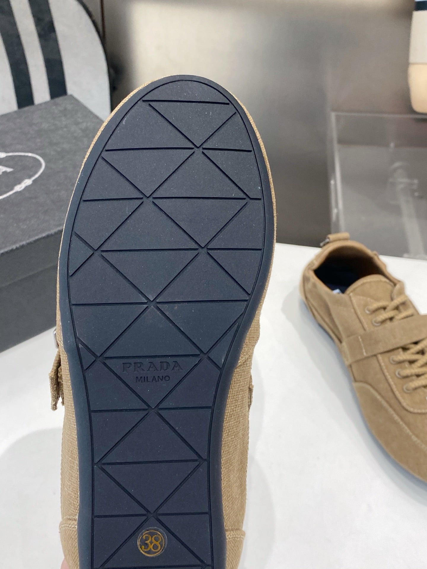 PRADA 26S SNEAKERS IN BROWN FABRIC SILVER HARDWARE