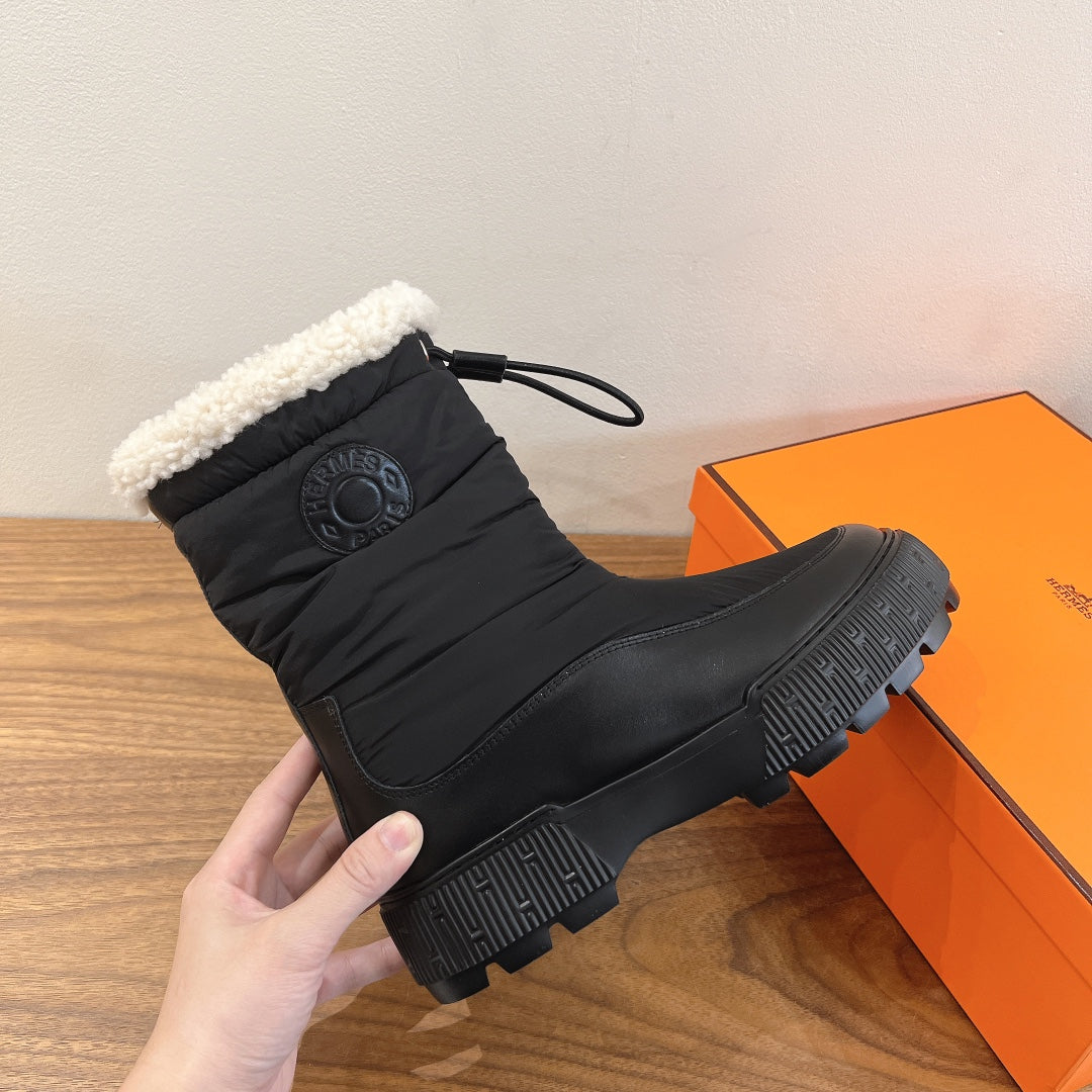 HM 26S SHEARLING DRAWSTRING BOOTS IN BLACK FABRIC MIX CALFSKIN