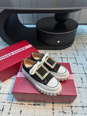 VIV' GO-THICK STRASS BUCKLE SLIP-ON SNEAKERS IN BLACK CANVAS