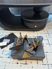 HIGH HEEL SANDALS WITH SHINY RHINESTONES STRAP IN GOLDEN BROWN SILK