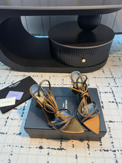 HIGH HEEL SANDALS WITH SHINY RHINESTONES STRAP IN GOLDEN BROWN SILK