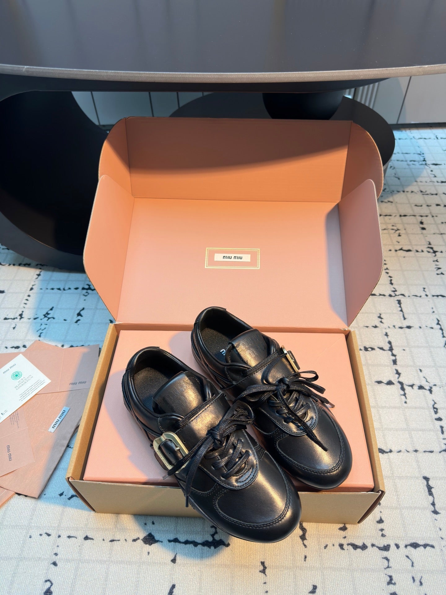 MIUMIU 26S LACE UP SNEAKERS IN BLACK CALFSKIN BUCKLE STRAP DETAIL