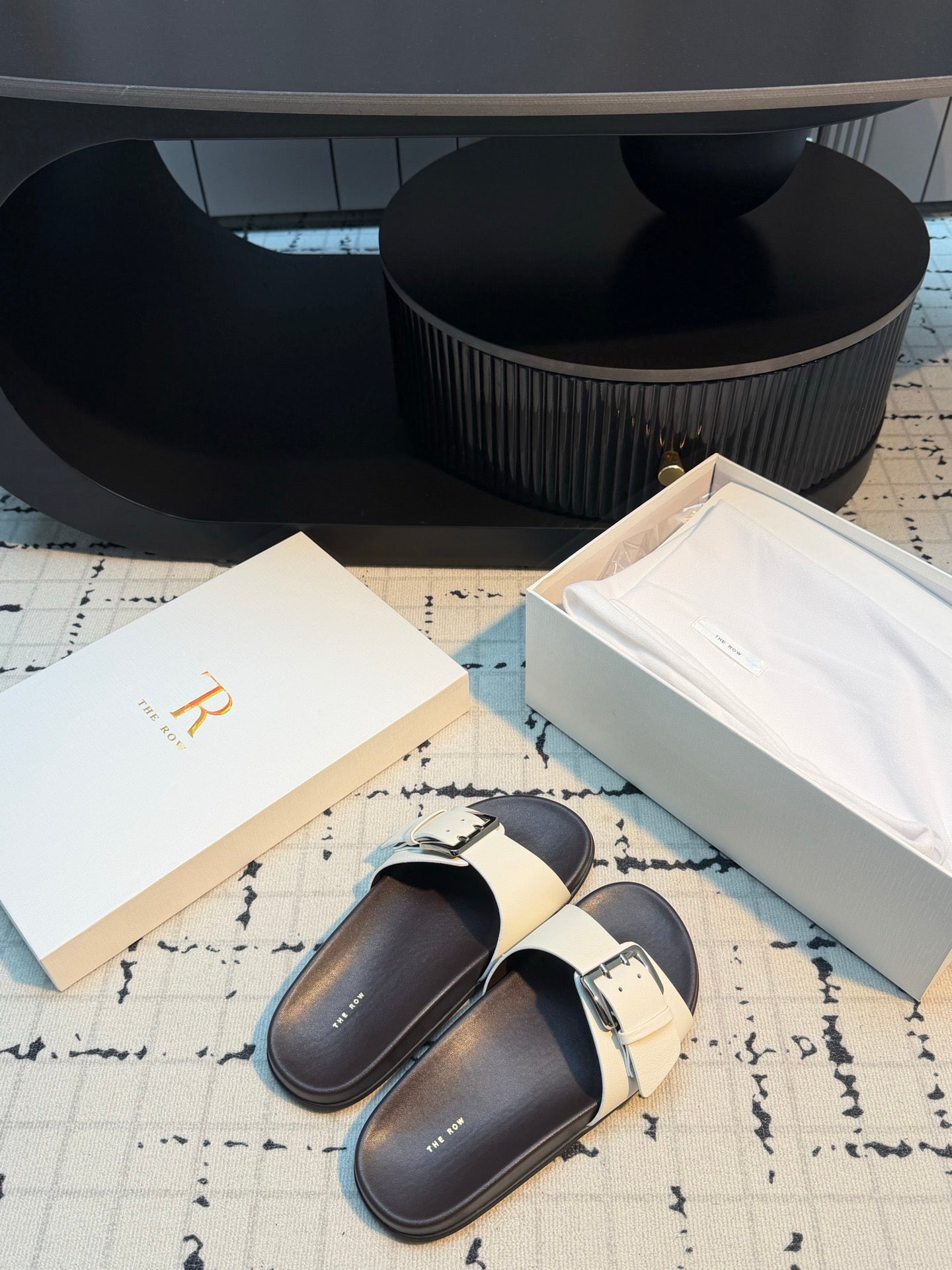 THE ROW 26S BUCKLE SLIDE SANDALS IN WHITE CALFSKIN