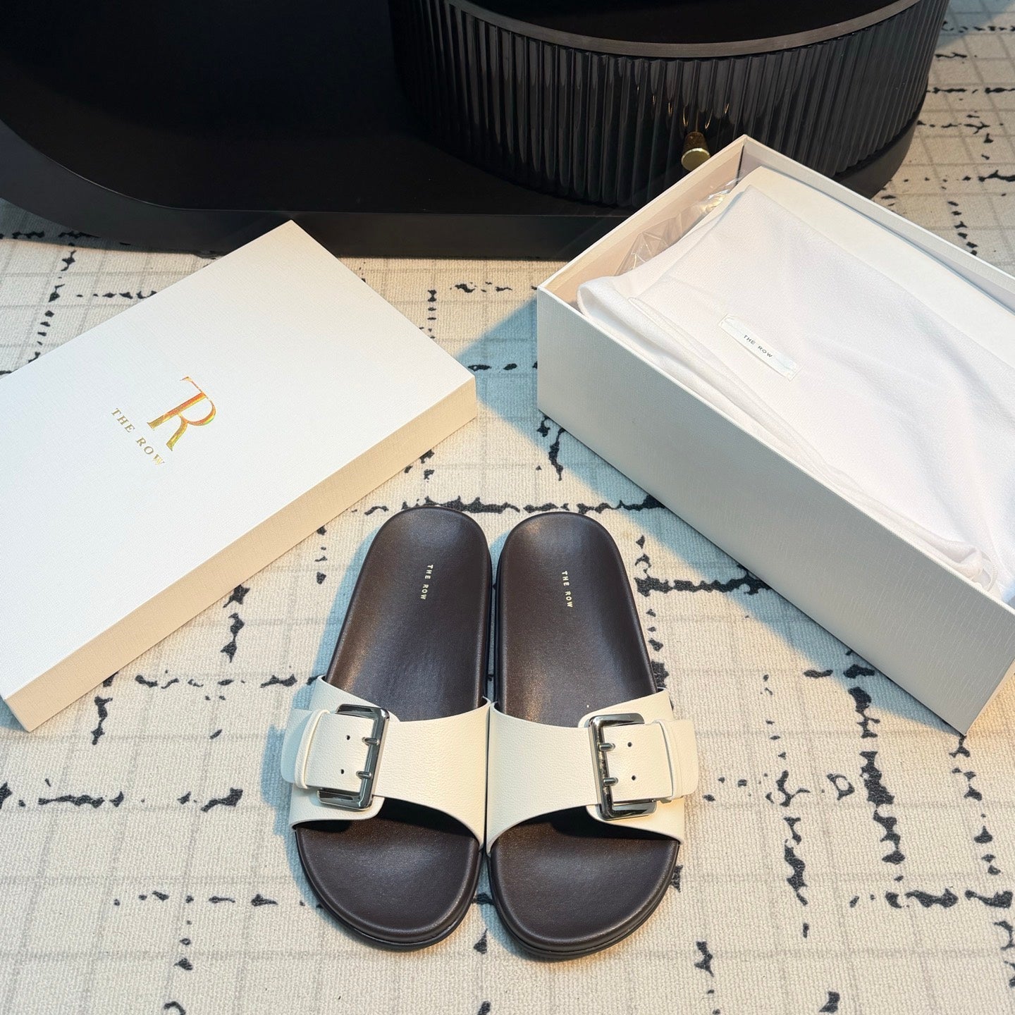 THE ROW 26S BUCKLE SLIDE SANDALS IN WHITE CALFSKIN