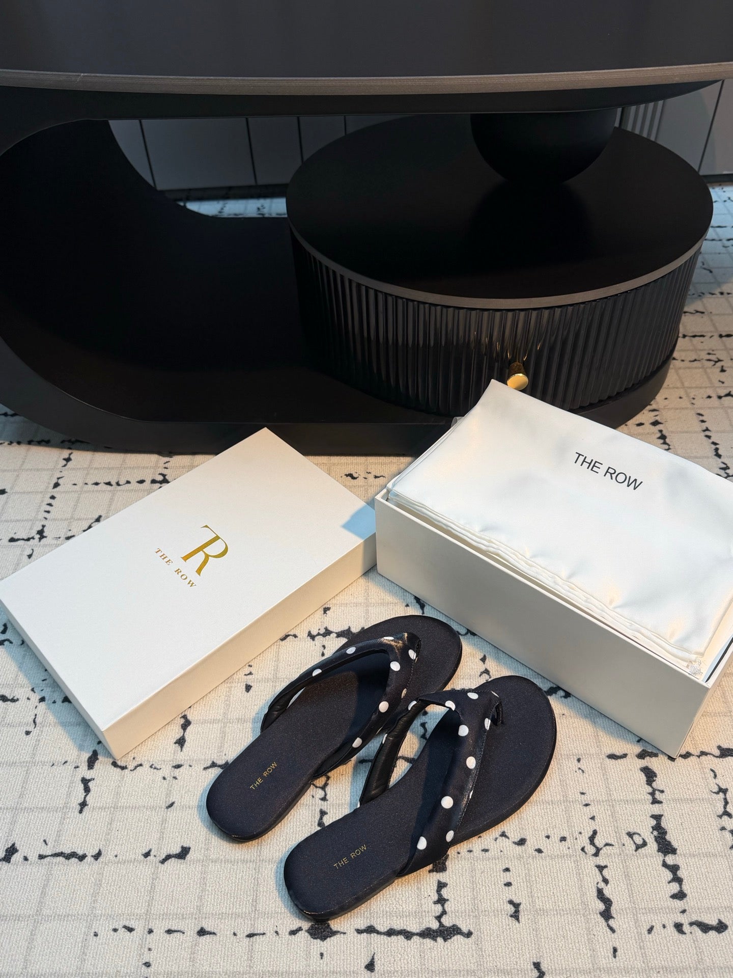 THE ROW 26S THONG SANDALS IN BLACK POLKA DOT SATIN