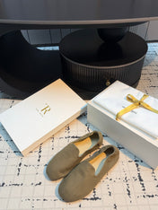 THE ROW 26S LOAFERS IN OLIVE GREEN CANVAS
