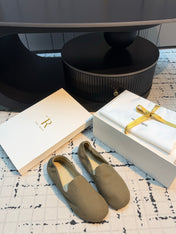THE ROW 26S LOAFERS IN OLIVE GREEN CANVAS