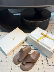 THE ROW 26S THONG SLIDE SANDALS IN BROWN CALFSKIN