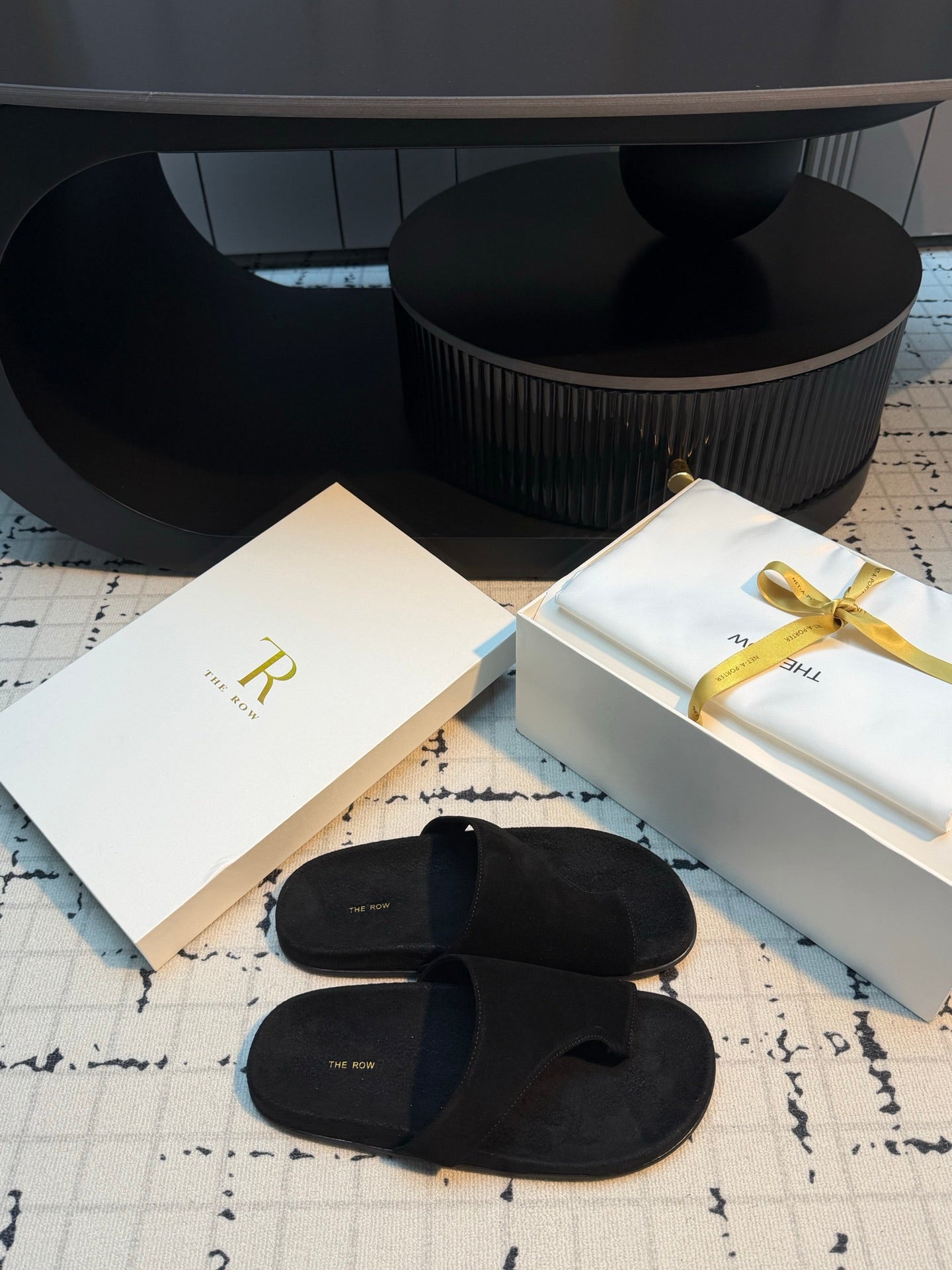 THE ROW 26S THONG SLIDE SANDALS IN BLACK SUEDE