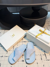 THE ROW 26S THONG SLIDE SANDALS IN POWDER BLUE SUEDE