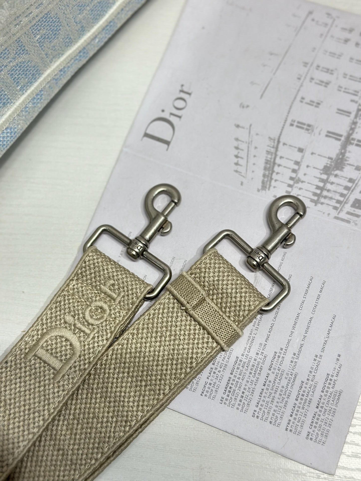 DIOR 26S BOOK TOTE BAG 42 IN LIGHT BLUE AND BEIGE BAYADERE FABRIC