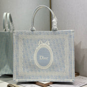 DIOR 26S BOOK TOTE BAG 42 IN LIGHT BLUE AND BEIGE BAYADERE FABRIC