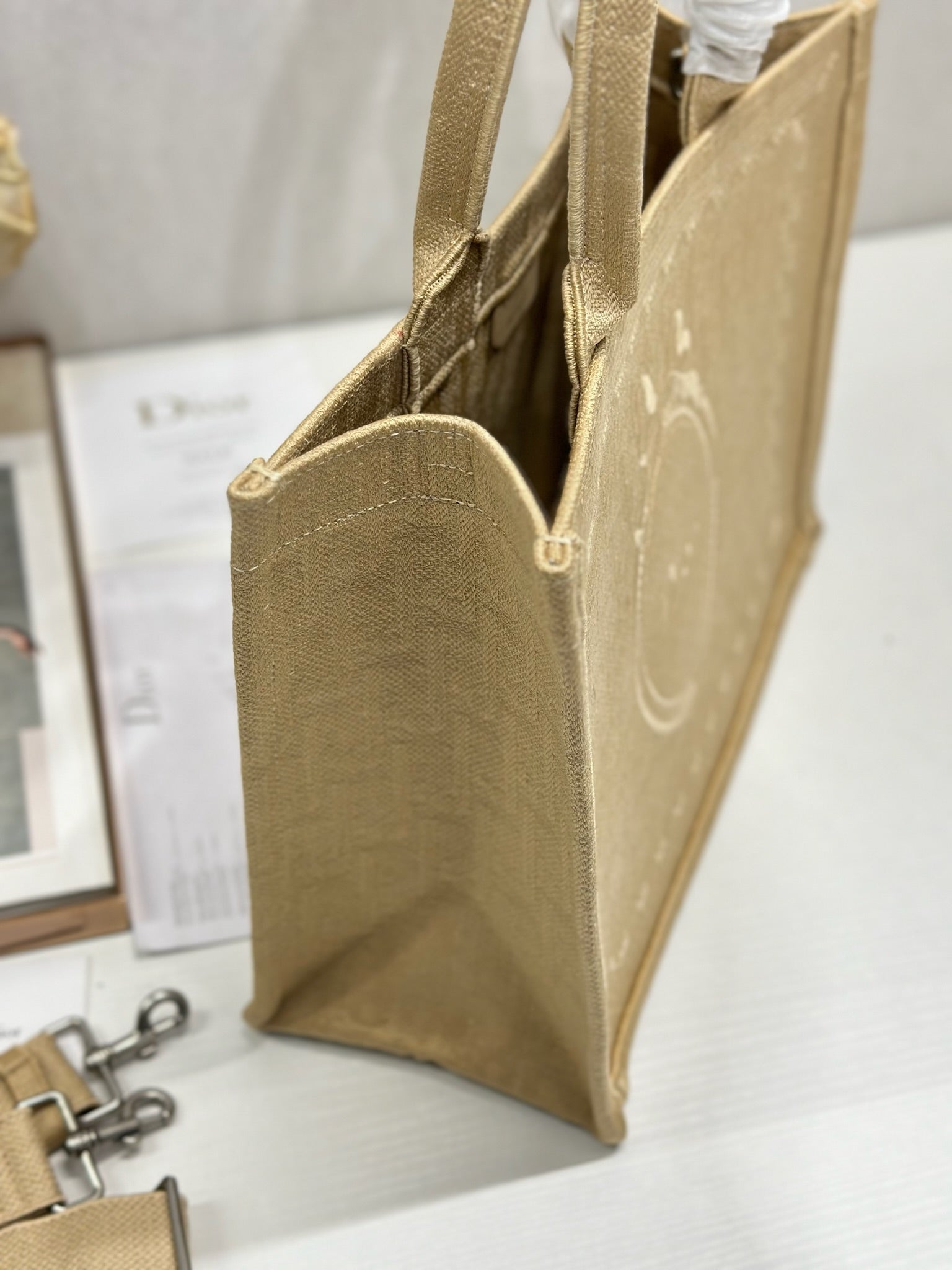 DIOR 26S BOOK TOTE BAG 36 IN BEIGE BAYADERE FABRIC
