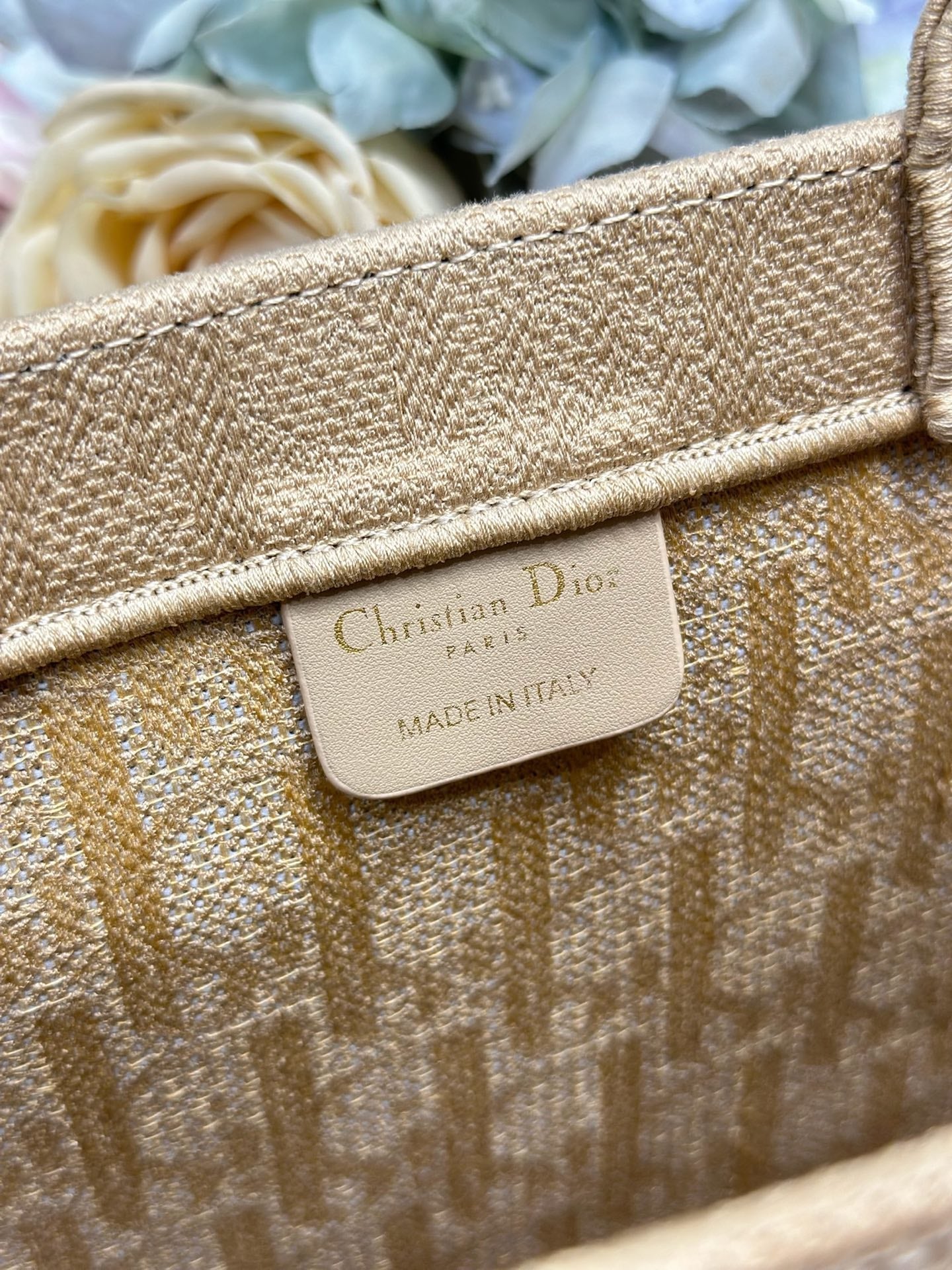 DIOR 26S BOOK TOTE BAG 36 IN BEIGE BAYADERE FABRIC