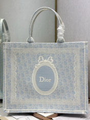 DIOR 26S BOOK TOTE BAG 42 IN LIGHT BLUE AND BEIGE BAYADERE FABRIC