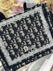 DIOR 26S BOOK TOTE BAG 20 IN NAVY BLUE AND BEIGE FABRIC OBLIQUE FABRIC