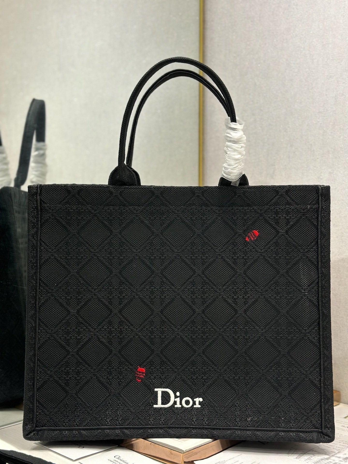 DIOR 26S BOOK TOTE BAG 42 IN BLACK BAYADERE FABRIC