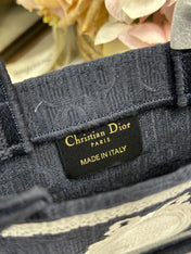 DIOR 26S  BOOK TOTE BAG 20 IN NAVY BLUE AND WHITE FABRIC