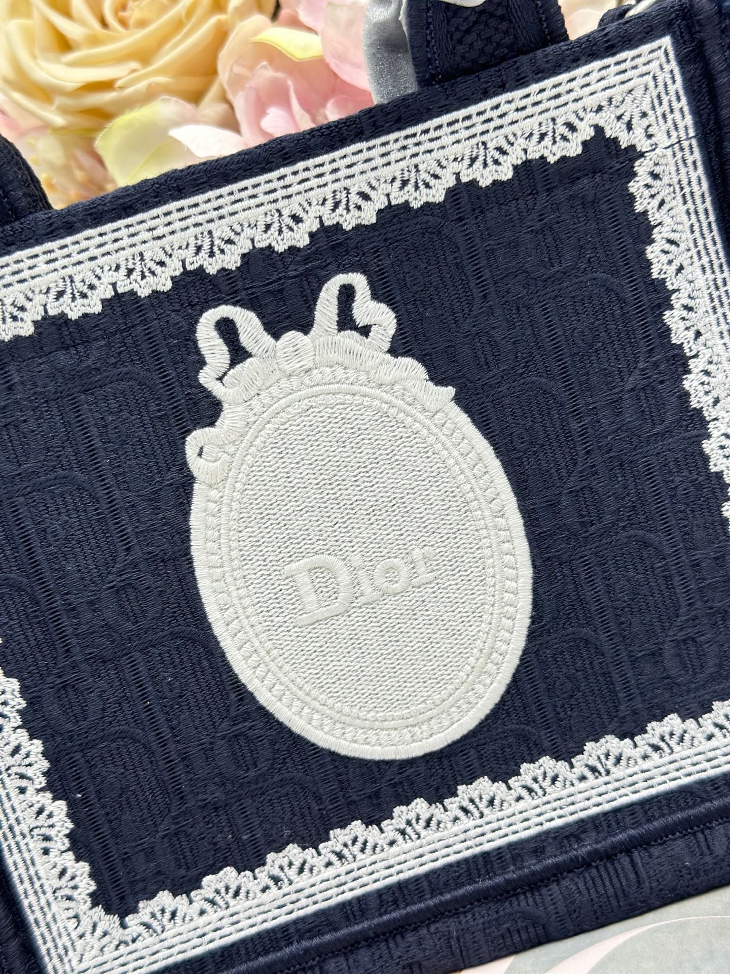 DIOR 26S  BOOK TOTE BAG 20 IN NAVY BLUE AND WHITE FABRIC